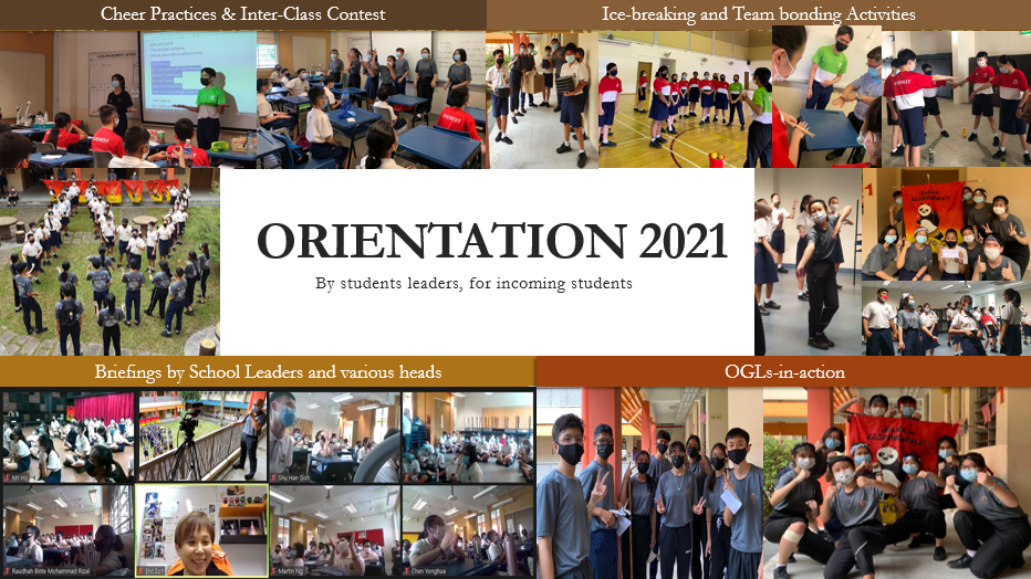 Collage of school Orientation 2021 activities including cheer practice, team bonding, briefings, and student leaders posing.